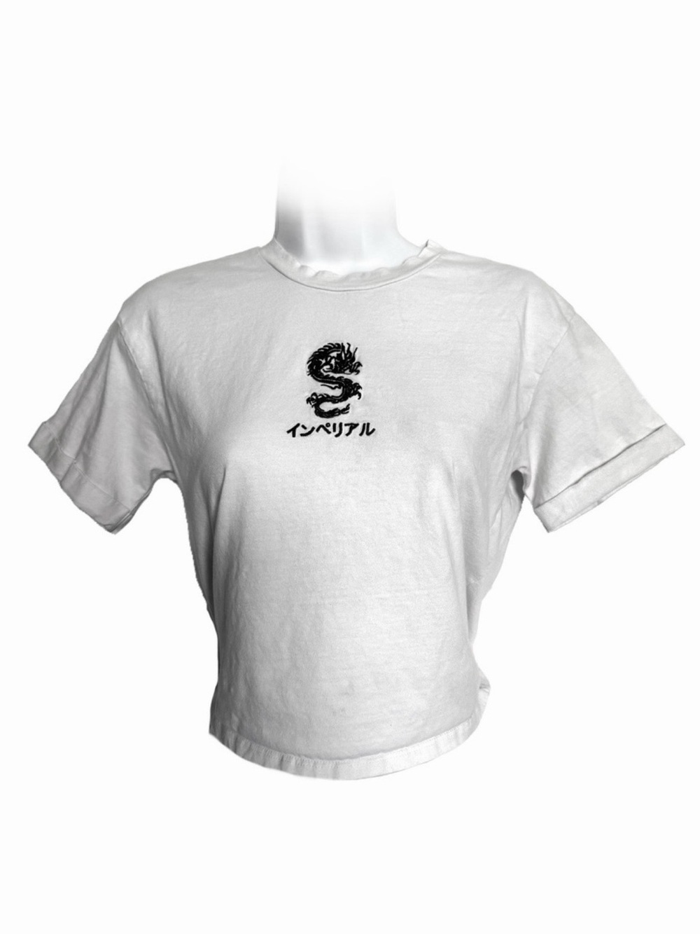 White Cropped Short Sleeve Shirt with Japanese Dragon Black Graphic - Women’s XS